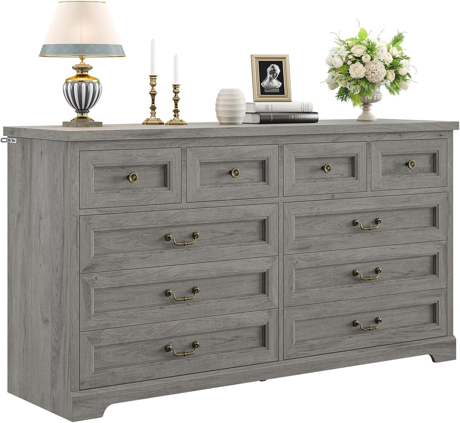Hasuit Farmhouse 10 Drawer Dresser for Bedroom, 55.1" Wide Dressers Chest of Drawers, Rustic Wood Storage Cabinet with Deep Drawers and Vintage Handle, Large Gray Dresser for Bedroom, Closet, Hallway