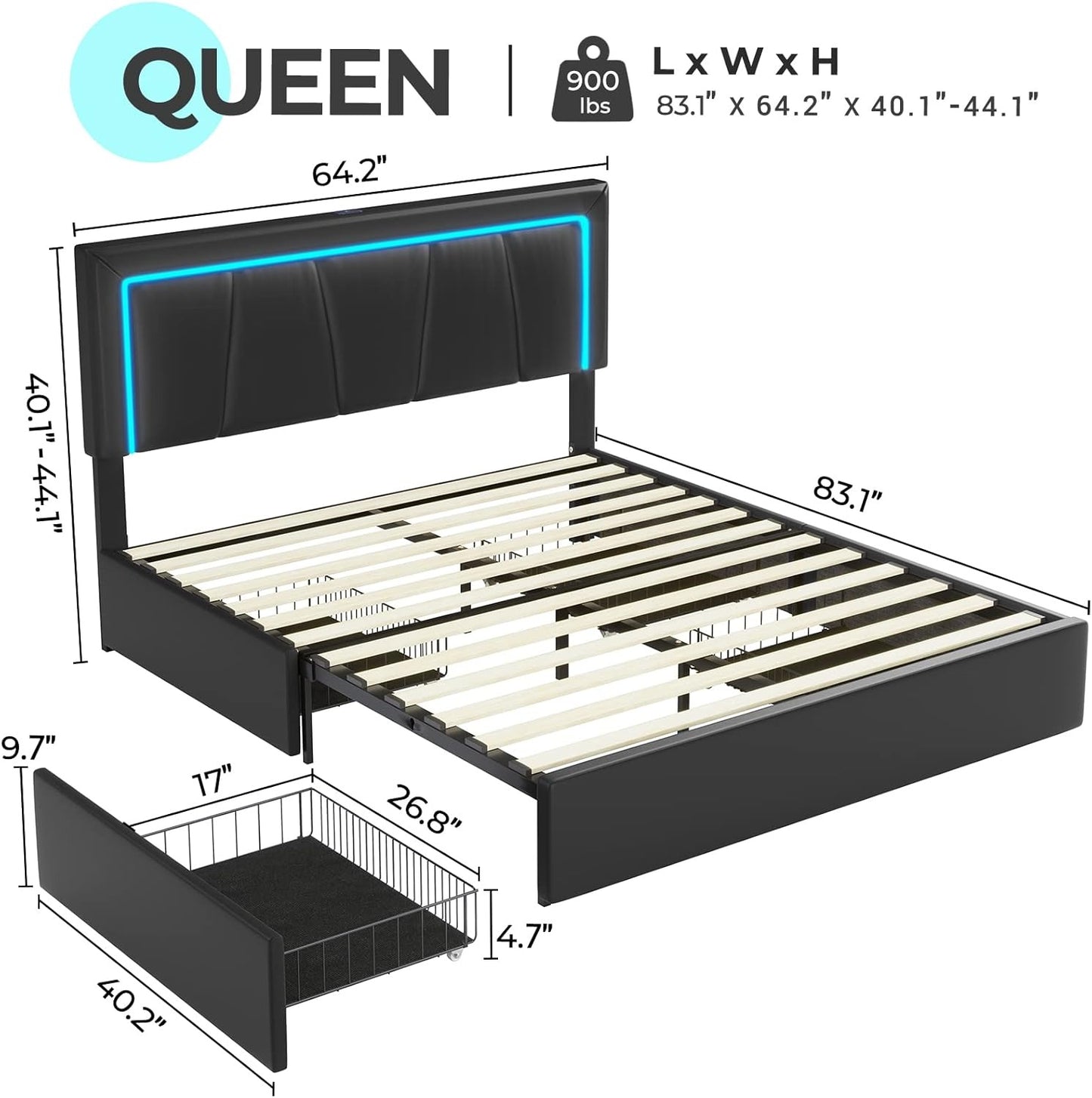 4 Drawers Faux Leather Upholstered Platform Bed Frame with LED Headboard Black
