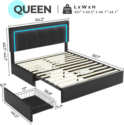 4 Drawers Faux Leather Upholstered Platform Bed Frame with LED Headboard Black