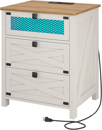 Hasuit Farmhouse Night Stand for Bedroom, Rustic Vintage White Nightstand with Charging Station and LED Lights, Bedside Table with 3 Drawers, Retro Side End Table with Storage