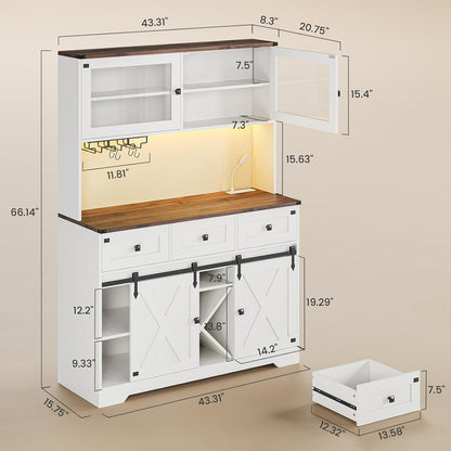 DICTAC Buffet Cabinet with Storage and Charging Station Coffee Bar Station with LED Light Farmhouse Kitchen Sideboard Cabinets with Hutch,Wine Cabinet with Sliding Barn Door and Wine Glass Rack,White