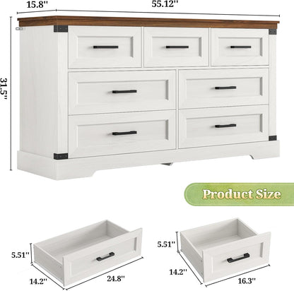 Hasuit White Dresser for Bedroom, Wooden 55.1" Long Dressers Chest of Drawer, Farmhouse 7 Drawer Dresser with Thick Styling, Large Capacity Storage Cabinet Organizer, Wide Dressers for Bedroom Hallway