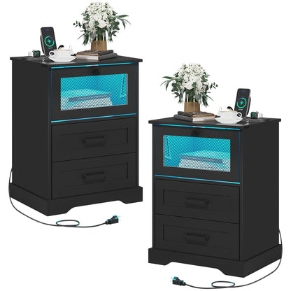 Hasuit Farmhouse Night Stand Set of 2 with LED Lights and Charging Station, Rustic Oak Nightstand with 2 Drawers, and Cubby with Wire Mesh Door, Bedside End Table for Bedroom