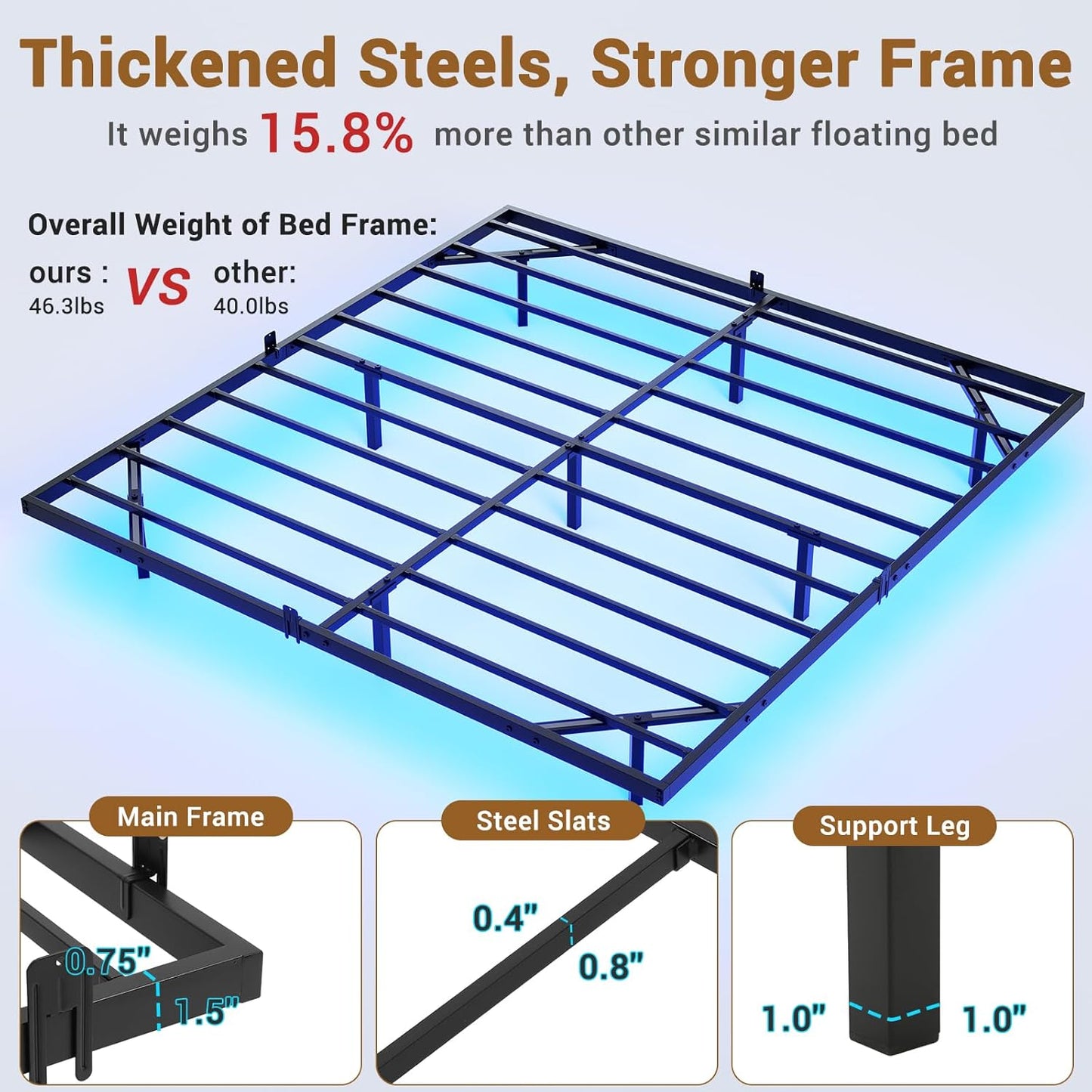 Hasuit Full Bed Frame w/ LED Lights & Metal Platform – No Box Spring, Easy Assembly