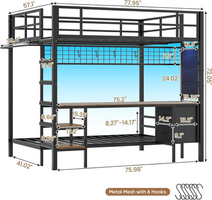 Hasuit Full Over Twin Bunk Bed with Desk Convertible Storage Shelf,Metal Loft Bed with Led Lights & Charging Station,Bunk Beds for Teens with Safety Guard & Stairs,Space Saving Bedroom Furniture,Black
