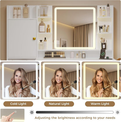 Makeup Vanity Desk with Mirror and LED Lights Charging Station Jewelry Cabinet