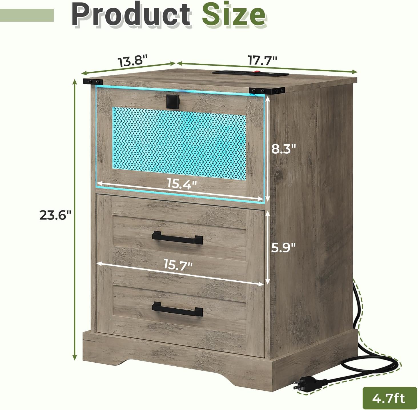 Hasuit Farmhouse Night Stand Set of 2 with LED Lights and Charging Station, Rustic Oak Nightstand with 2 Drawers, and Cubby with Wire Mesh Door, Bedside End Table for Bedroom