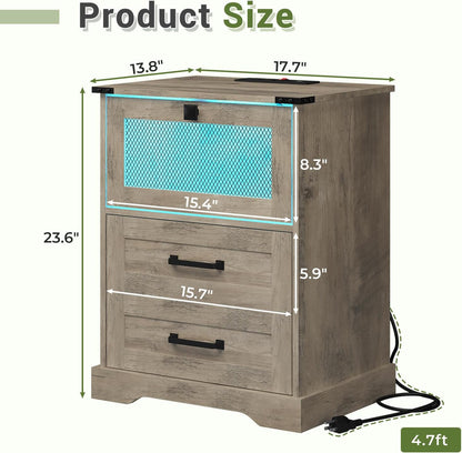 Hasuit Farmhouse Night Stand Set of 2 with LED Lights and Charging Station, Rustic Oak Nightstand with 2 Drawers, and Cubby with Wire Mesh Door, Bedside End Table for Bedroom