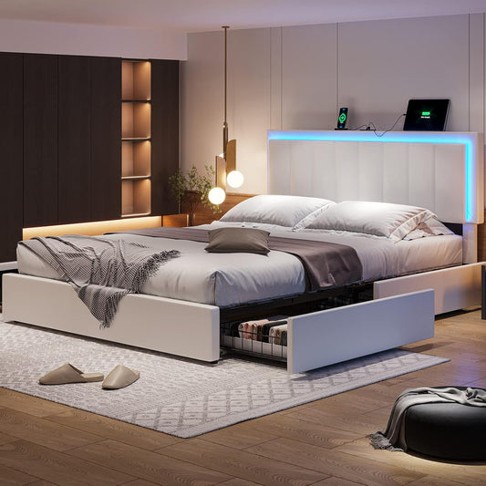 Hasuit Queen Bed Frame with 4 Storage Drawers, LED Light Queen Size Platform Bed with Charging Station, Artificial Leather Upholstered Bed with Adjustable Headboard, No Box Spring Needed