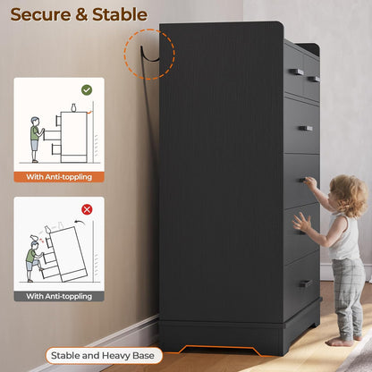 Hasuit Black 6 Drawer Dresser, Wooden Storage Chest of 6 Drawers, Vertical Large Capacity Clothing Storage Organizer, Tall Dressers for Bedroom, Hallway, Entryway