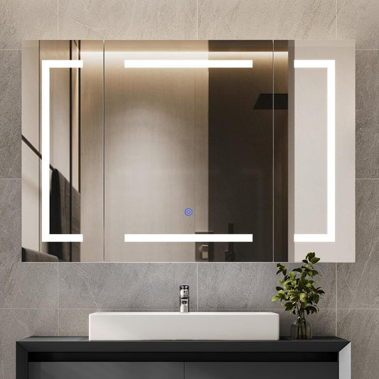 Hasuit 3 Doors Lighted Medicine Cabinet with Mirror, Wall Mounted with Storage