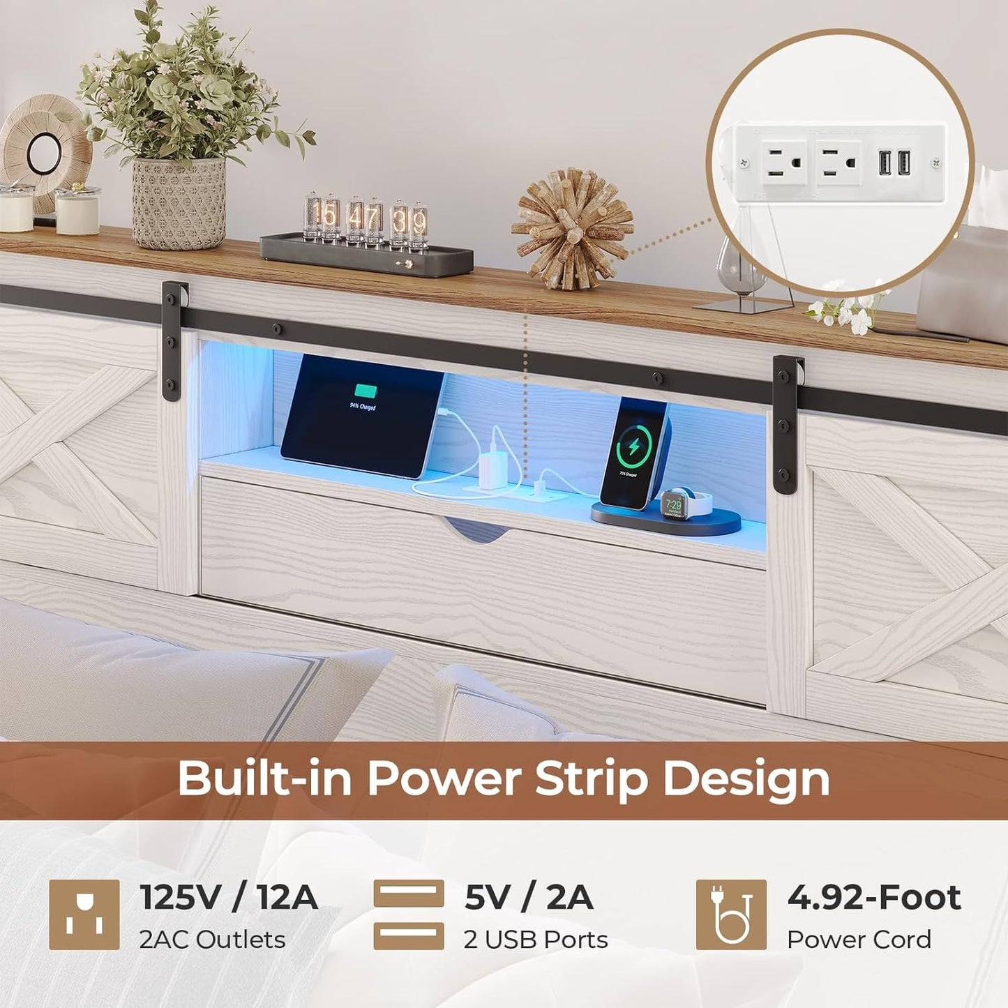 LED Farmhouse Wooden Platform Bed Frame With Charging Station 2 Drawers White