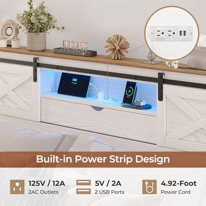 LED Farmhouse Wooden Platform Bed Frame With Charging Station 2 Drawers White