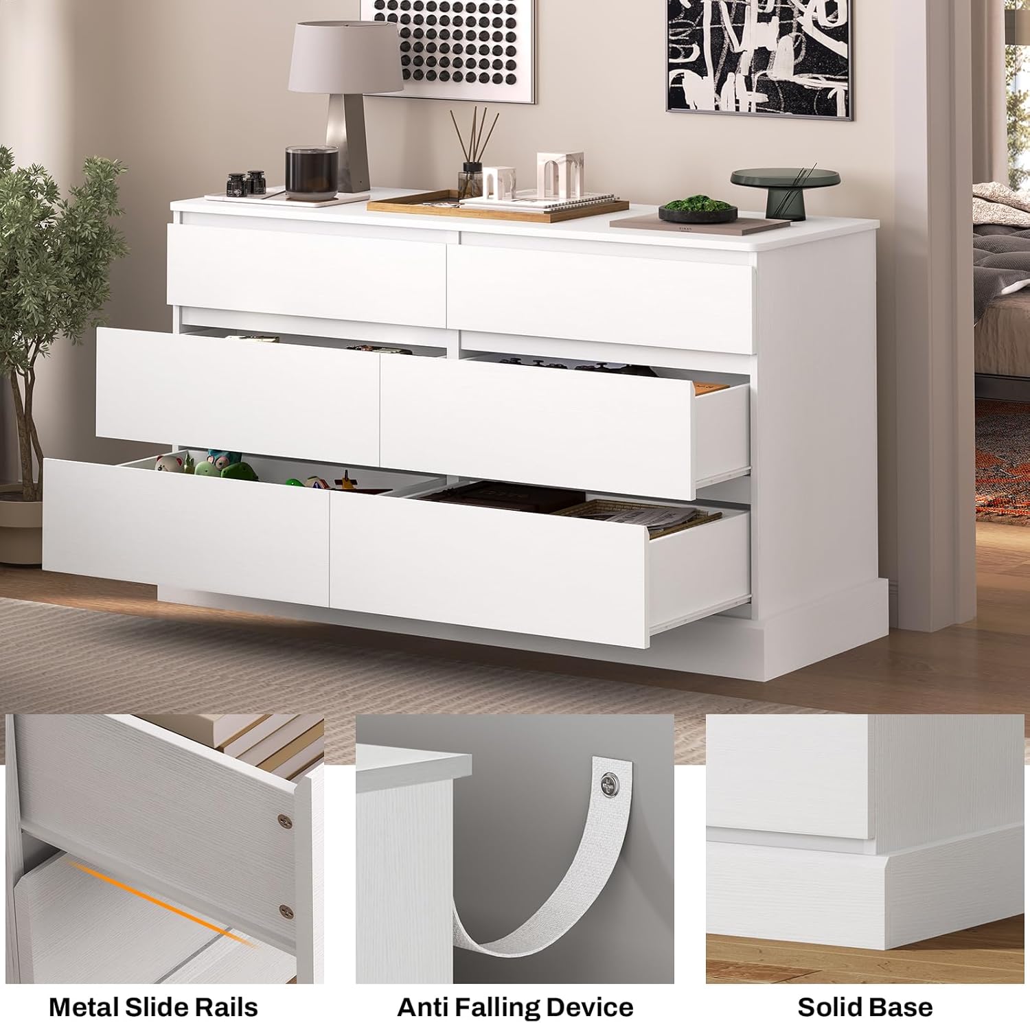 Hasuit 6 Drawer Double Dresser, 51.5''W Wooden Storage Chest of 6 Drawers, Large Capacity Clothing Storage Cabinet, Wide White Dresser for Bedroom