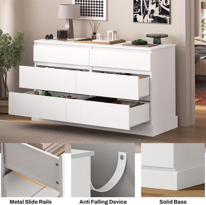 Hasuit 6 Drawer Double Dresser, 51.5''W Wooden Storage Chest of 6 Drawers, Large Capacity Clothing Storage Cabinet, Wide White Dresser for Bedroom