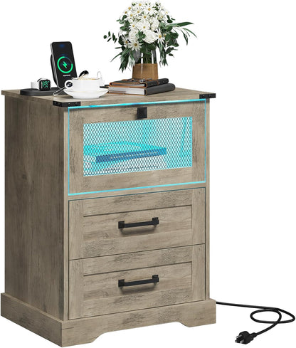 Hasuit Farmhouse Night Stand Set of 2 with LED Lights and Charging Station, Rustic Oak Nightstand with 2 Drawers, and Cubby with Wire Mesh Door, Bedside End Table for Bedroom