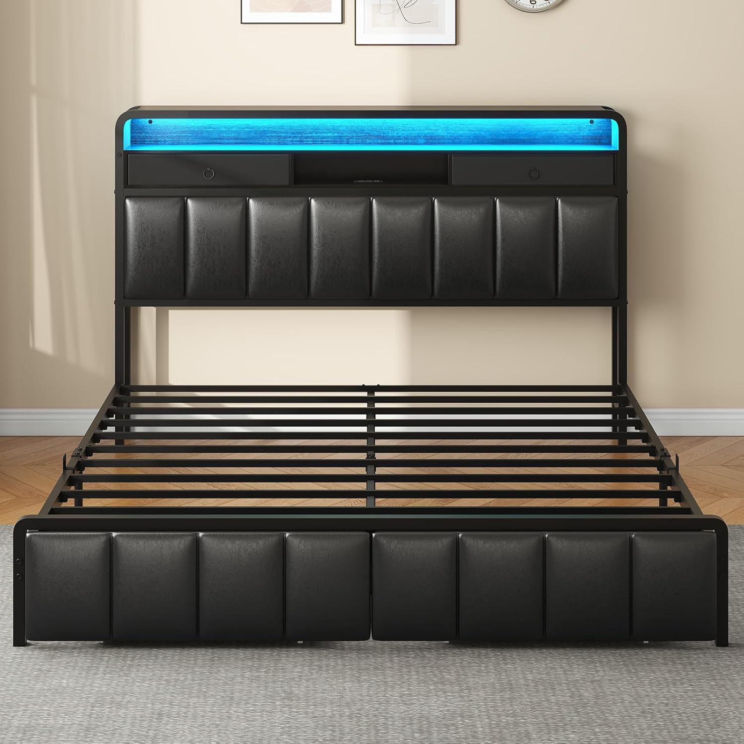 King Bed Frame with Storage Drawers, Upholstered Headboard with Hidden Storage Shelf, LED Lights and Charging Station, Metal Platform Bed Frame Queen Size, Noise Free, No Box Spring Needed