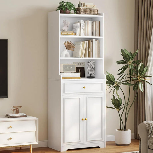 DICTAC Bookcase with Drawer and Doors 73.23''Tall Bookshelf with storage Shelves Freestanding Storage Cabinet with Microwave Space Storage Organizer Cupboard for Home Office,Living Room,Bathroom,White