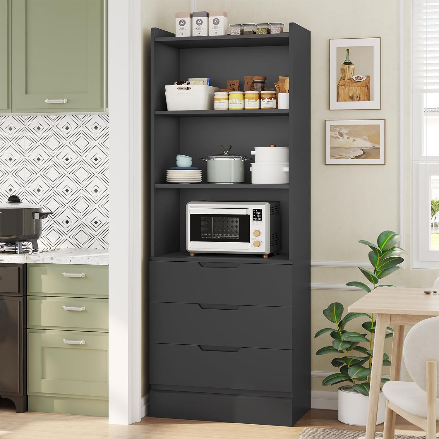 DICTAC Bookcase Set of 2 with 3 Drawers 73.23'' Bookshelf Storage Cabinets with Shelves and Drawers Kitchen Pantry with Microwave Stand,Storage Organizer for Living Room,Office,Study,Bathroom