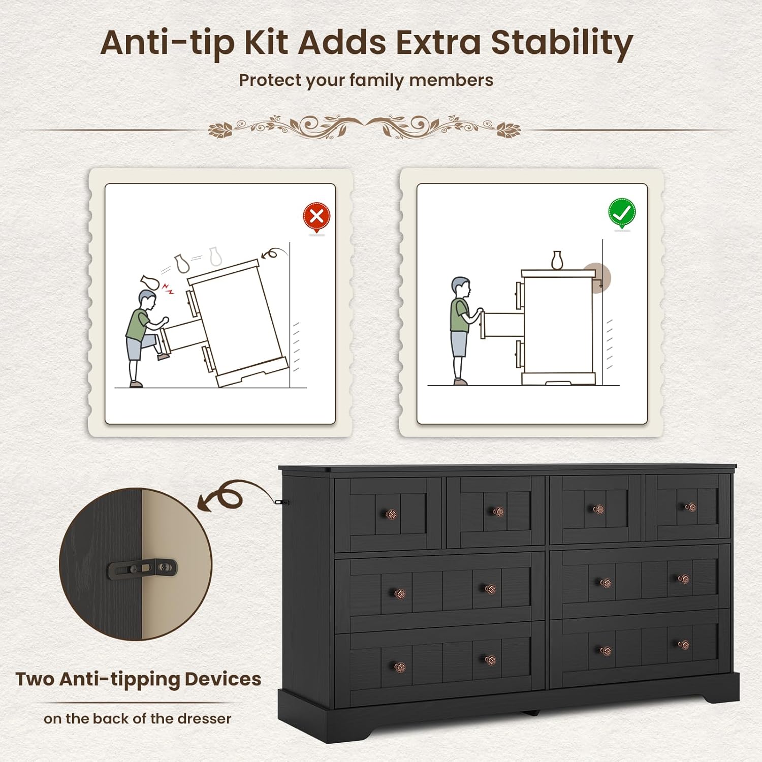 Hasuit Black Dresser for Bedroom, Farmhouse 8 Drawers Dresser, 55" Wide Dressers Chest of Drawers with Hand Carved Panel, Large Wood Closet Storage Organizers Dressers for Bedroom, Living Room Hallway