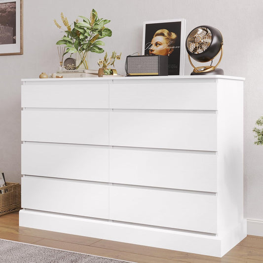 Hasuit White Dresser for Bedroom, Long Dresser with 8 Drawers, 51.5''W Wooden Dresser Chest of 8 Drawers, Large Capacity Clothing Storage Cabinet, Wide Dresser for Bedroom Living Room Entryway