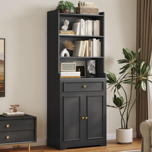 DICTAC Bookcase with Drawers and Doors 73.23'' Tall Bookshelf with Open Shelves Black Freestanding Kitchen Pantry with Microwave Stand Storage Cabinet Organizer for Living Room,Study,Bathroom,Office