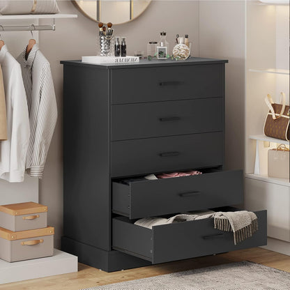 Hasuit Black Dresser for Bedroom, 5 Drawer Dresser with Sturdy Base, Wooden Large Capacity Storage Cabinet, Tall Chest of 5 Drawers for Closet, Living Room, Hallway