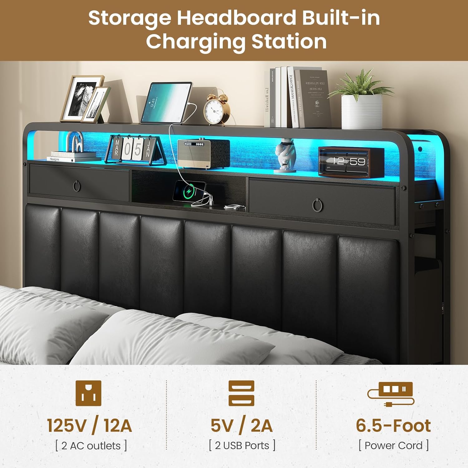 King Bed Frame with Storage Drawers, Upholstered Headboard with Hidden Storage Shelf, LED Lights and Charging Station, Metal Platform Bed Frame Queen Size, Noise Free, No Box Spring Needed