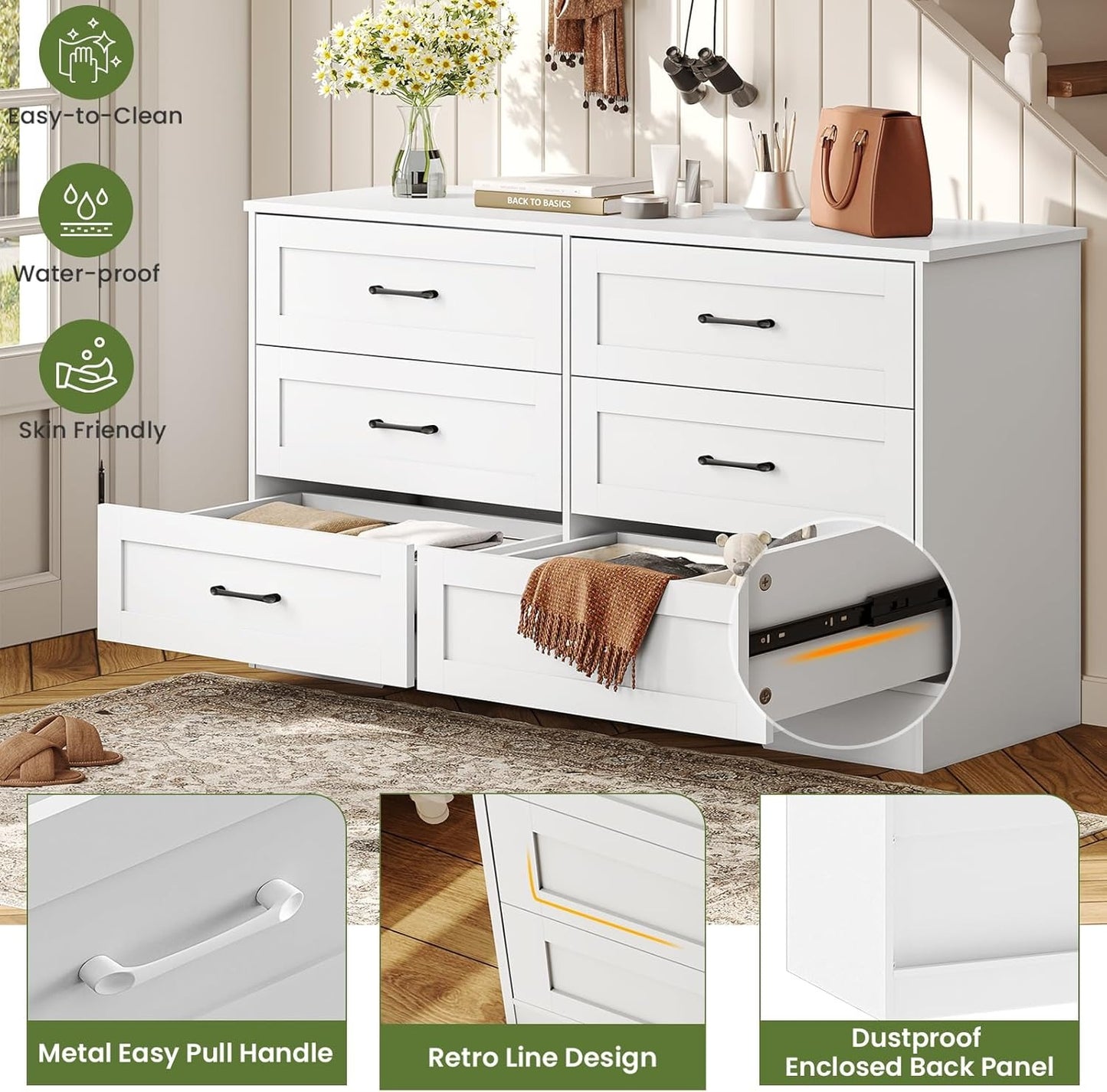 Hasuit Modern Wooden White Dresser for Bedroom with 6 Large Drawers