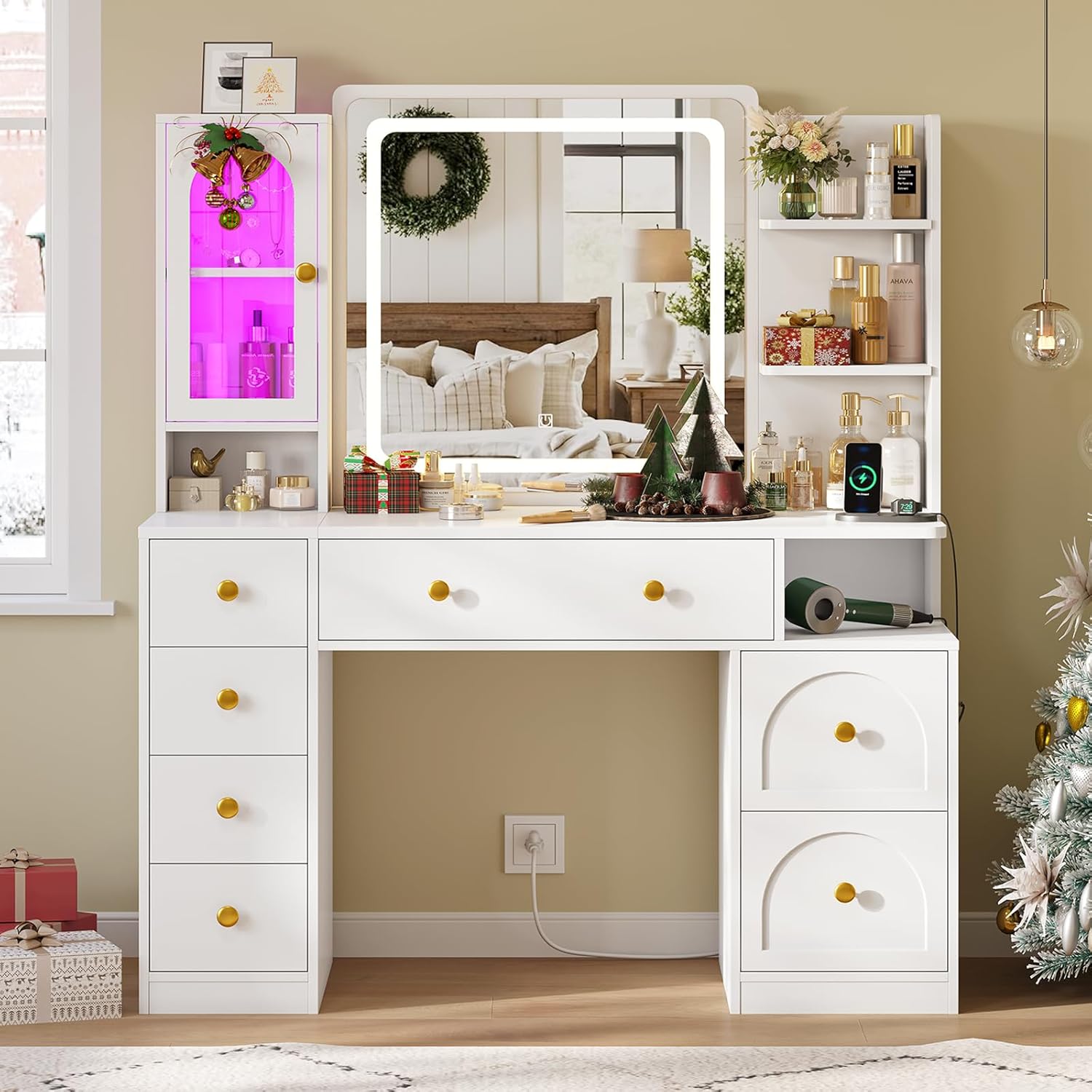 Hasuit White Vanity Desk with Mirror and LED Lights, Large Makeup Vanity Desk with 7 Drawers, Storage Shelves and RGB Glass Cabinet, Dressing Table for Bedroom with Charging Station, Lights Adjustable
