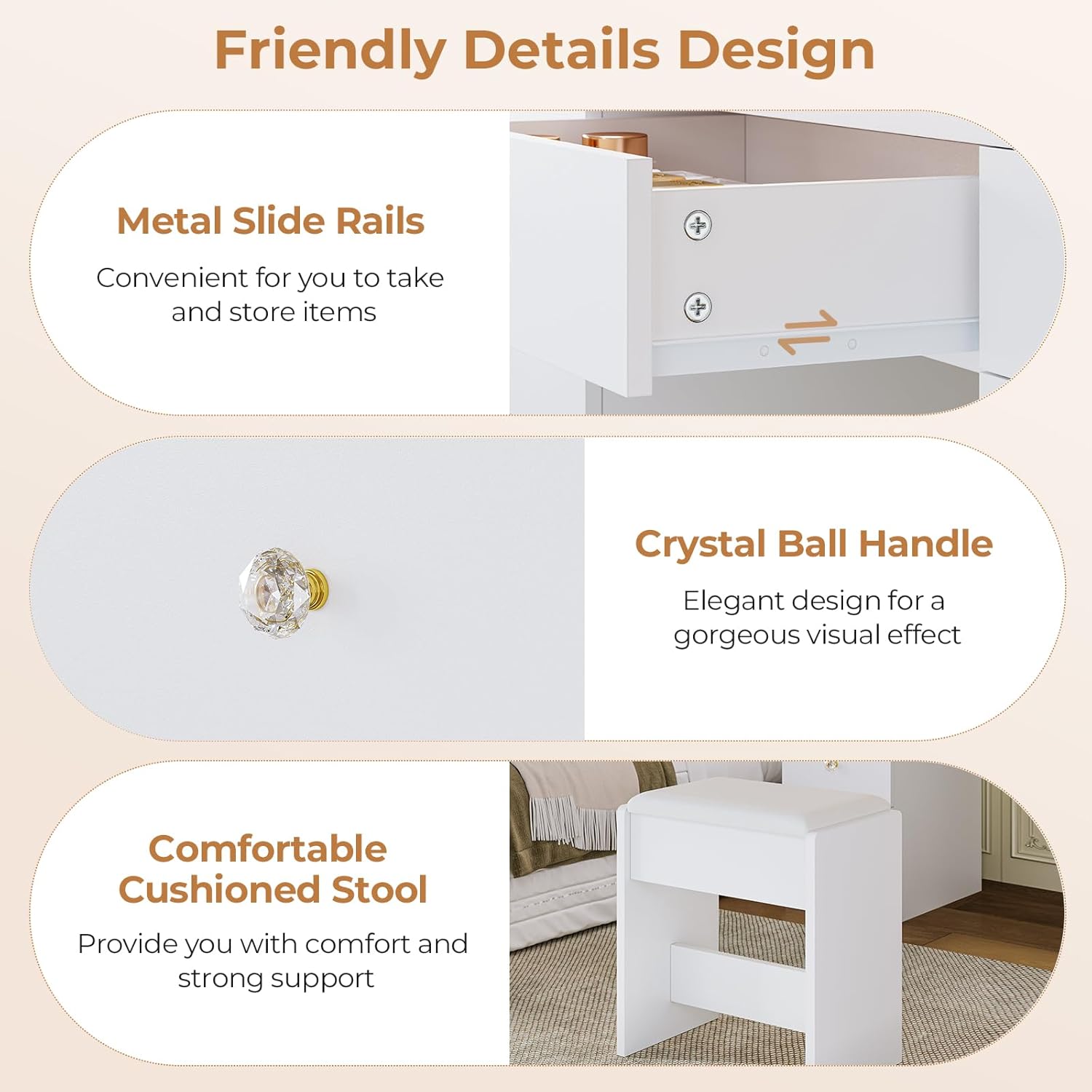 Hasuit Makeup Vanity Desk with Large Lighted Mirror and 9 Drawers, Large Vanity Desk with Storage Rack, Hook, Crystal Handle, White Bedroom Dressing Table Set with Charging Station, Lights Adjustable