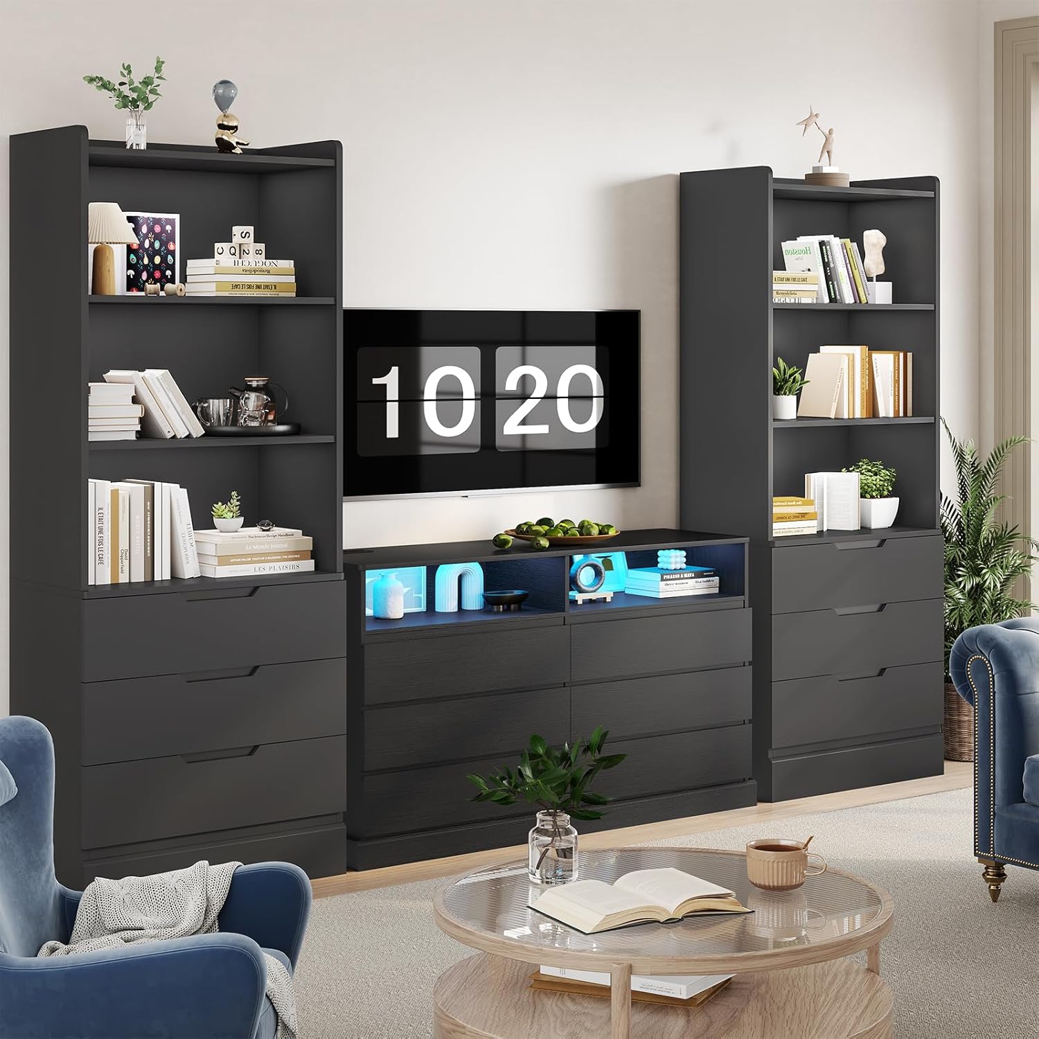 DICTAC Bookcase Set of 2 with 3 Drawers 73.23'' Bookshelf Storage Cabinets with Shelves and Drawers Kitchen Pantry with Microwave Stand,Storage Organizer for Living Room,Office,Study,Bathroom