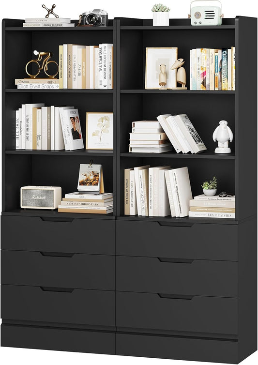 DICTAC Bookcase Set of 2 with 3 Drawers 73.23'' Bookshelf Storage Cabinets with Shelves and Drawers Kitchen Pantry with Microwave Stand,Storage Organizer for Living Room,Office,Study,Bathroom