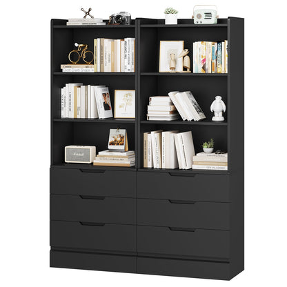 DICTAC Bookcase Set of 2 with Drawer and Doors 73.23''Tall Bookshelf with Open Shelves Freestanding Storage Cabinet with Microwave Space Storage Organizer for Home Office,Living Room,Bathroom,White