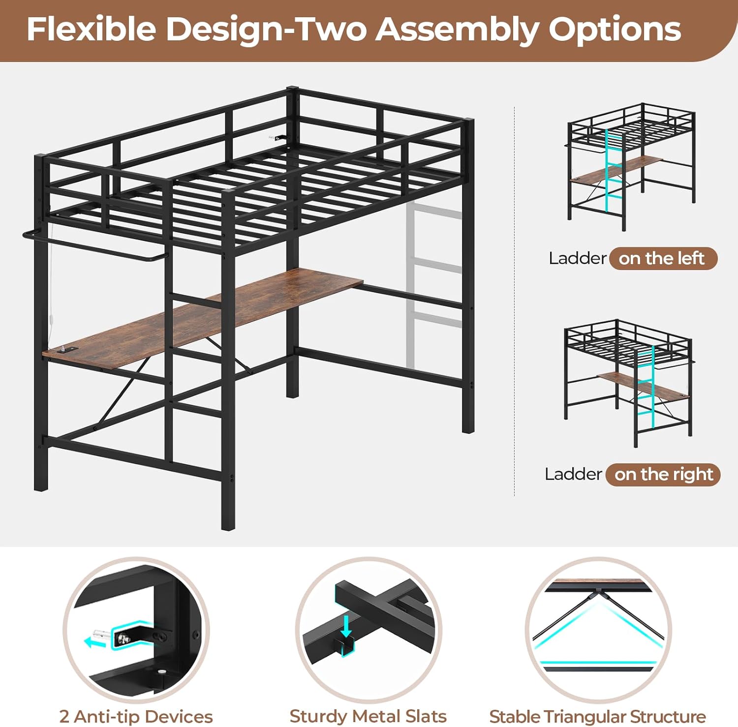 Hasuit Full Size Metal Loft Bed with Desk, LED Lights & Charging Station - Sturdy Space-Saving Bed Frame, Loft Bed Full Size Includes Safety Guard Rail & Ladder, No Box Spring Needed, Durable, Black