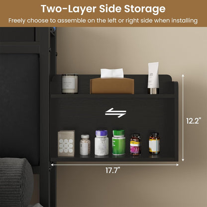 King Bed Frame with Storage Drawers, Upholstered Headboard with Hidden Storage Shelf, LED Lights and Charging Station, Metal Platform Bed Frame Queen Size, Noise Free, No Box Spring Needed