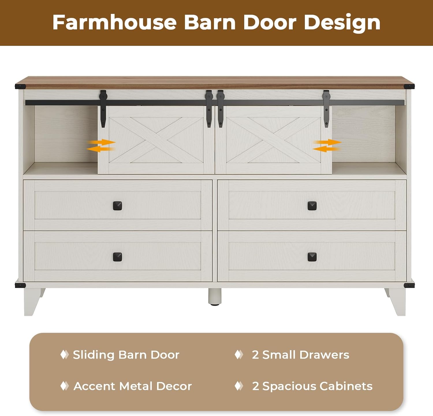 Hasuit Farmhouse 6 Drawer Dresser for Bedroom, Retro Chest of Drawers with Sliding Barn Door, Bedroom Long Storage Dressers Organizer, White