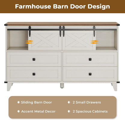 Hasuit Farmhouse 6 Drawer Dresser for Bedroom, Retro Chest of Drawers with Sliding Barn Door, Bedroom Long Storage Dressers Organizer, White
