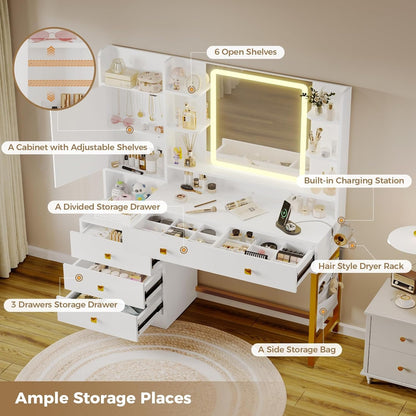 Makeup Vanity Desk with Mirror and LED Lights Charging Station Jewelry Cabinet