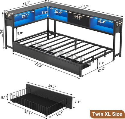 Hasuit Kids Corner Twin Bed with Storage, Charging & LED Light