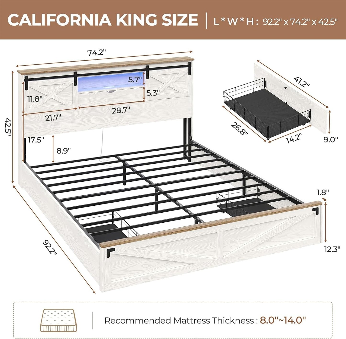 LED Farmhouse Wooden Platform Bed Frame With Charging Station 2 Drawers White