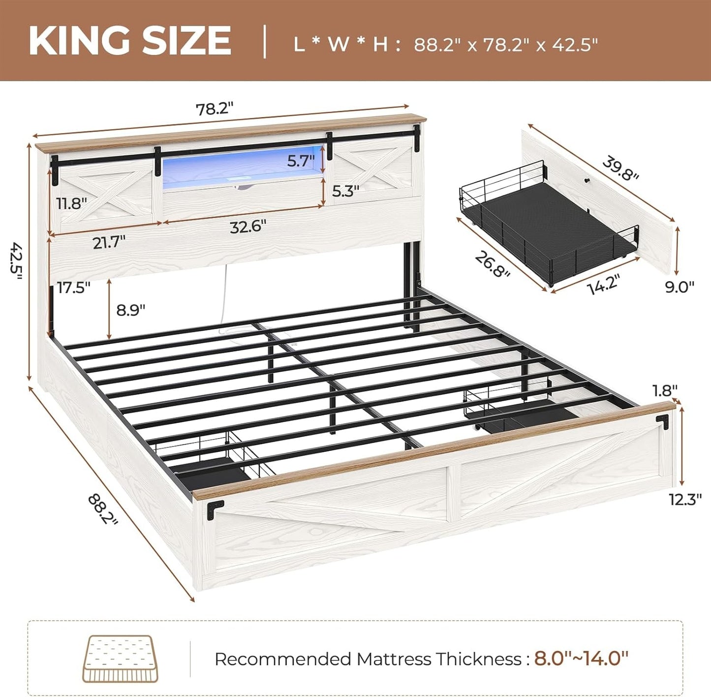 LED Farmhouse Wooden Platform Bed Frame With Charging Station 2 Drawers White