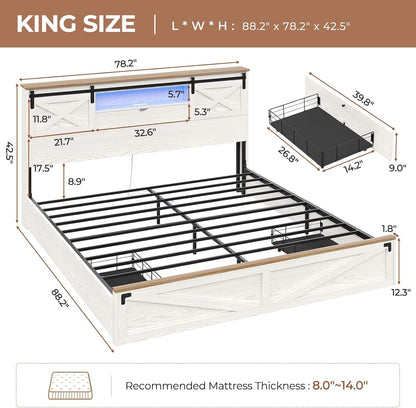 LED Farmhouse Wooden Platform Bed Frame With Charging Station 2 Drawers White