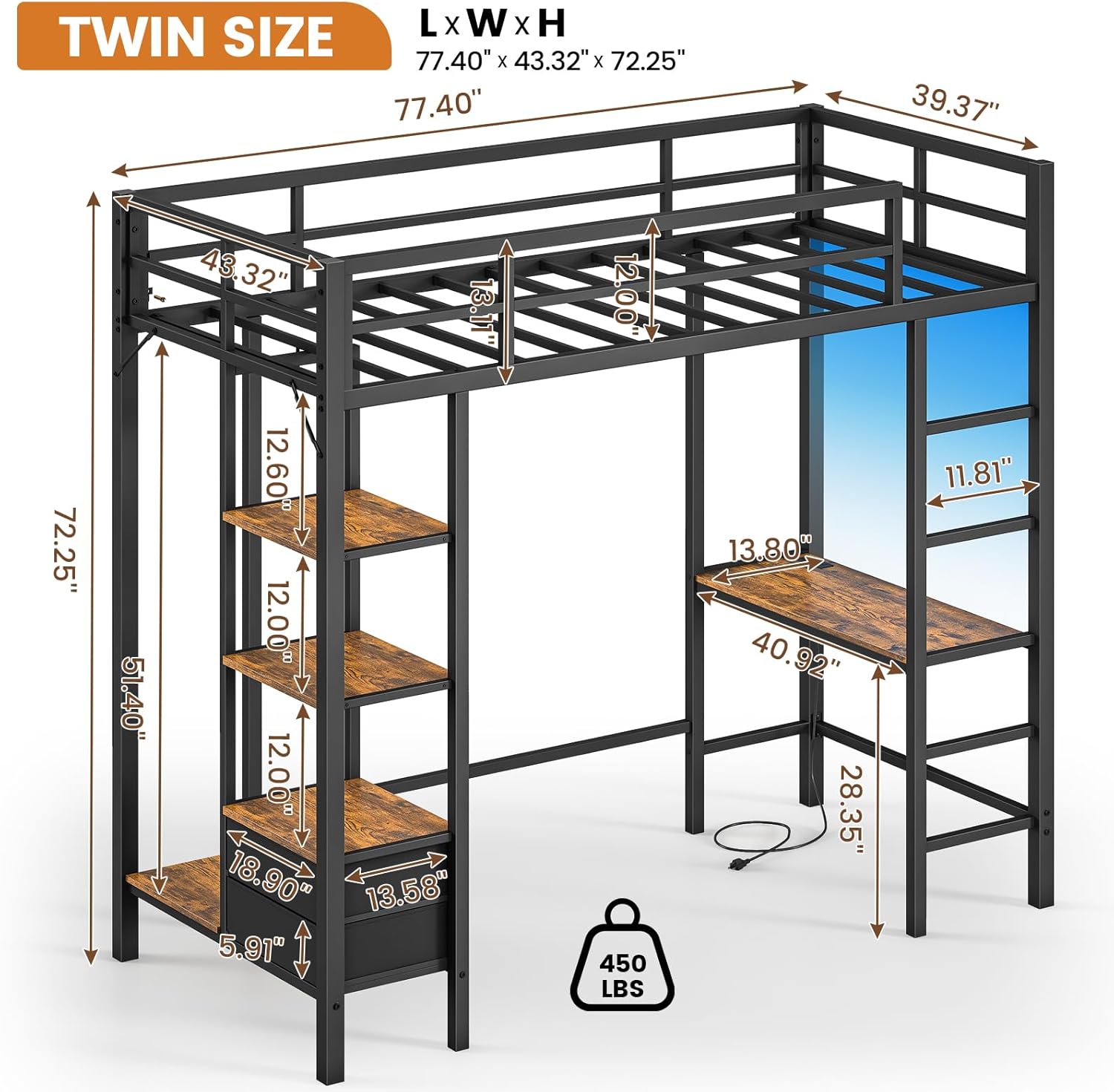 Hasuit Loft Bed Twin Size with Desk and Charging Station Metal Twin Loft Bed with LED Lights, 4 Storage Shelves & 2 Fabric Drawers, Twin Size Loft Bed with Safety Guard, Clothes Rail & Ladder, Black