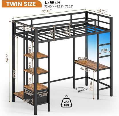 Hasuit Loft Bed Twin Size with Desk and Charging Station Metal Twin Loft Bed with LED Lights, 4 Storage Shelves & 2 Fabric Drawers, Twin Size Loft Bed with Safety Guard, Clothes Rail & Ladder, Black