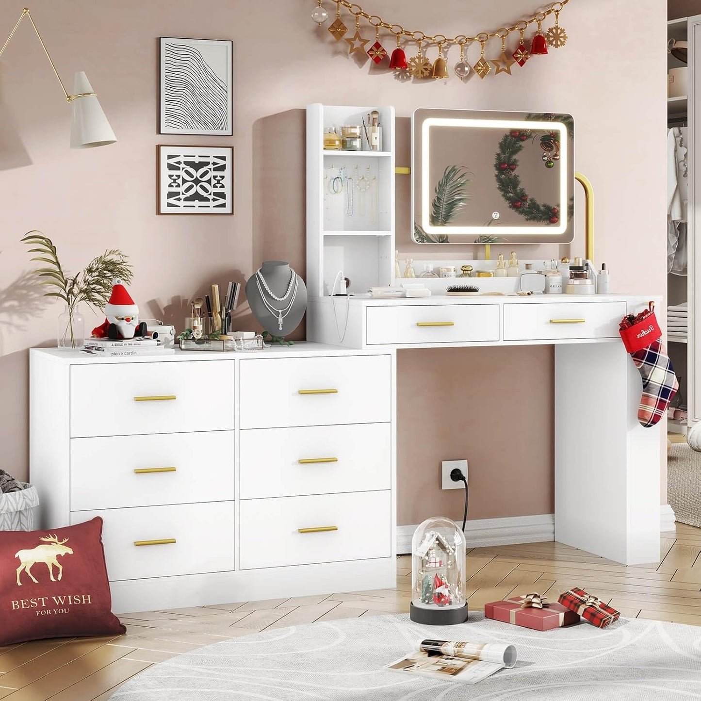 Hasuit White LED Makeup Dressing Vanity Table with Mirror and Charging Station & Drawers Tabletop Shelves