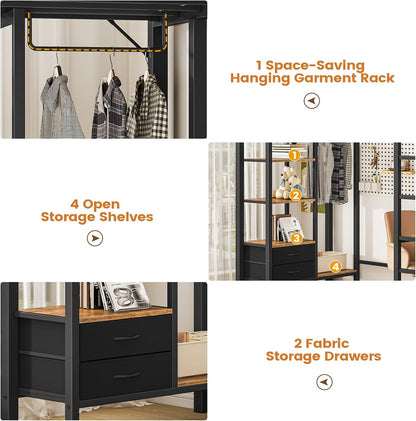 Hasuit Loft Bed Twin Size with Desk and Charging Station Metal Twin Loft Bed with LED Lights, 4 Storage Shelves & 2 Fabric Drawers, Twin Size Loft Bed with Safety Guard, Clothes Rail & Ladder, Black