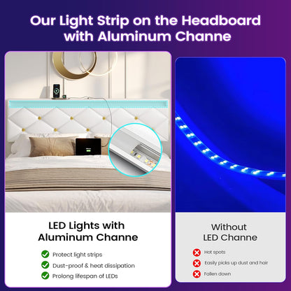 Hasuit Floating Bed Frame Queen Size with LED Lights and Charging Station, Modern Queen Platform Bed with Vegan Leather Upholstered Headboard, No Box Spring Needed, Noise Free, Easy to Assemble