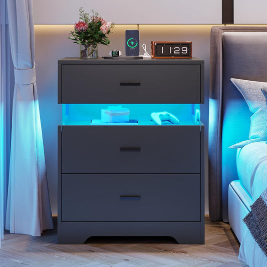 Hasuit Black Night Stand with 3 Drawers, Modern Nightstand with LED Lights and Charging Station, Bedside Tables/End Table for Bedroom