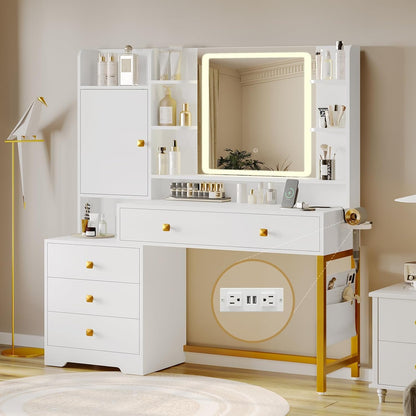 Makeup Vanity Desk with Mirror and LED Lights Charging Station Jewelry Cabinet